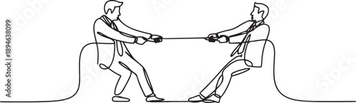 Single one line drawing two emotional businessman fighting over the laptop. Fighting for information about very good area to be the next target market. one line Icon drawing