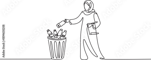 Single continuous line drawing Arabian woman throw used plastic bottles into overflowing trash cans. Environmental care. one line Icon drawing
