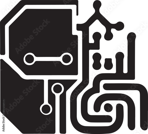 Abstract black and white circuit board trace pattern isolated on white background, illustration