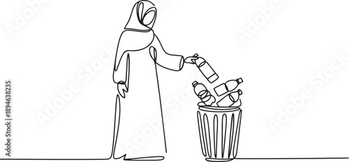 Single continuous line drawing Arabian woman throw used plastic bottles into overflowing trash cans. Environmental care. one line Icon drawing