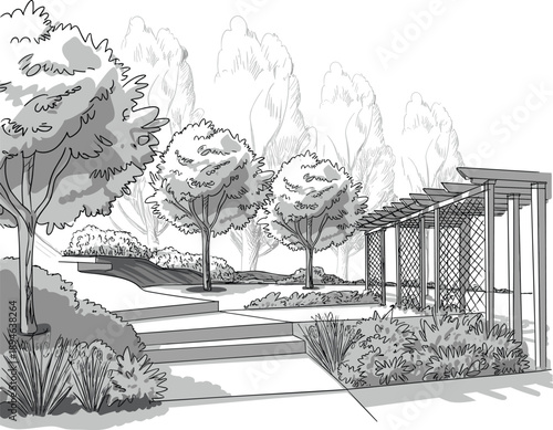 Architectural of a modern garden landscape featuring a pergola, tiered steps, and lush vegetation, showcasing a harmonious blend of and nature