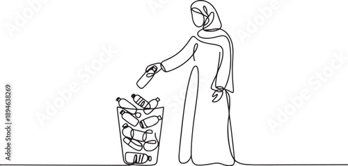 Single continuous line drawing Arabian woman throw used plastic bottles into overflowing trash cans. Environmental care. one line Icon drawing