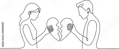 Single one line drawing broken heart carried by man and woman. Divorce heartache concept. Family conflict. Break up relationship. one line Icon drawing