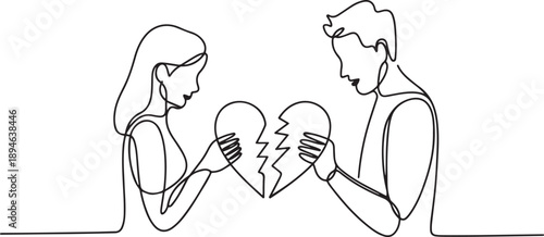 Single one line drawing broken heart carried by man and woman. Divorce heartache concept. Family conflict. Break up relationship. one line Icon drawing