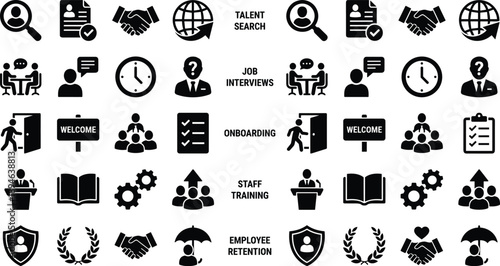 Title (18-22 words): Comprehensive human resources and talent acquisition icon set representing job search, recruitment process, employee onboarding, staff training, and retention strategies.