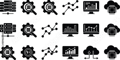 Title (18-22 words): Information technology and data analytics icon set featuring server racks, cloud computing, statistical graphs, computer monitoring, and system processing symbols.