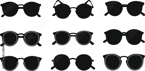 Collection of sunglasses silhouettes and outlines, fashion eyewear, trendy glasses, round frames, summer accessories, modern stylish unisex eyewear icons