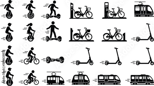Title Set of black silhouette icons depicting urban micro-mobility including electric scooters, bicycles, hoverboards, unicycles, and modern public transportation vehicles for city travel.