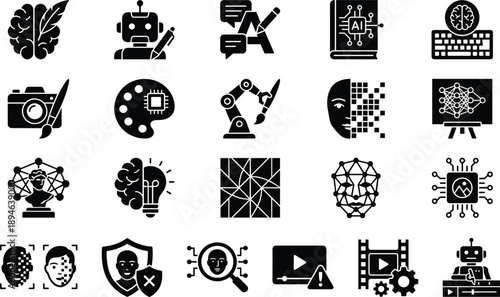 Title Comprehensive set of artificial intelligence icons depicting generative AI, machine learning, neural networks, facial recognition, robotics, and creative technology concepts for innovation.