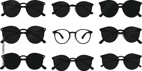 Set of sunglasses silhouettes and outlines, trendy eyewear collection, stylish glasses, summer fashion accessory, round and modern frame icons
