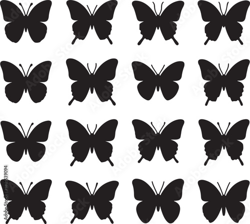 Black butterfly silhouettes. Outline butterflies romantic tattoo, tropical insects stencil. Summer and spring exotic symbols isolated vector set. Elegant wild flying moth of various shape