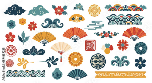Vibrant Japanese & Chinese Cultural Icon Set: Hand Fans, Cherry Blossoms, Clouds, Waves, & Geometric Patterns for Asian-Inspired Designs

