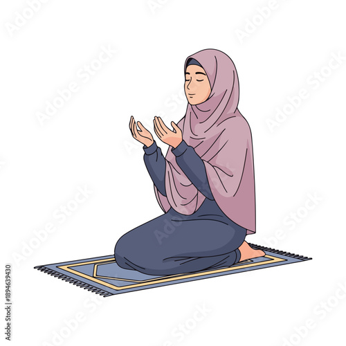 Muslim woman praying on a mat in Dua pose during Ramadan