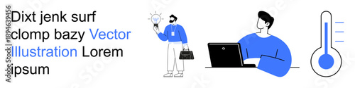 Innovation, teamwork, productivity, business meetings, analytics, remote work. Person holding a light bulb, individual working at a laptop temperature gauge. Innovation and teamwork concepts