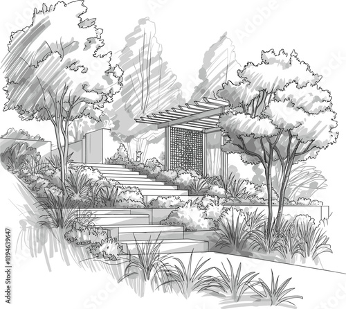 Detailed monochrome of a terraced garden with a pergola and a stone staircase, surrounded by trees and dense shrubbery