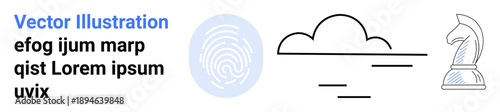 Digital security, strategy, identity verification, cloud computing, data protection, abstract design. Fingerprint, cloud and chess knight with placeholder text. Identity verification and strategy