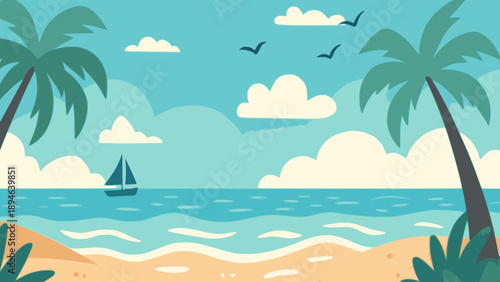 beach sand palm tree tropical sea nature landscape view background flat color vector illustration template design