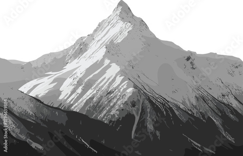 Dramatic grayscale of a formidable mountain range with a sharp, snow-covered peak dominating the composition, emphasizing its raw power and natural beauty