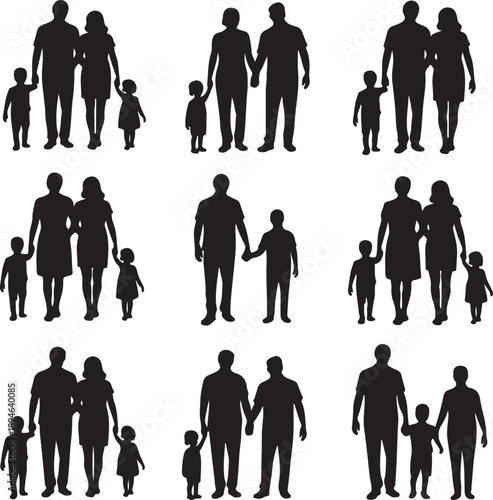Black silhouettes of families in walk, vector