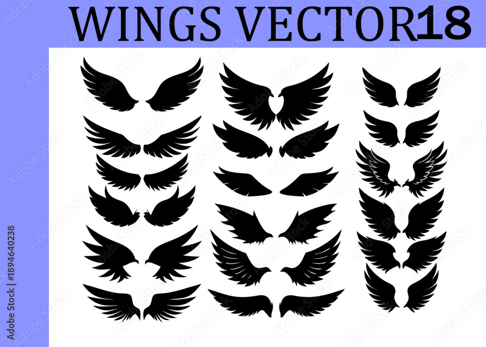 Obraz premium A curated selection of black silhouette wing displaying various styles of feathered angel wings and bird wings organized into three distinct vertical columns on a clean white background