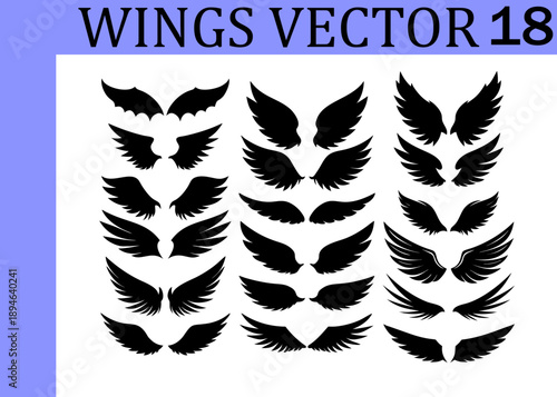 A compilation of black silhouette wing showcasing a range of styles from delicate feathered angel wings to more angular bird and bat wing presented in three vertical columns on a clean white