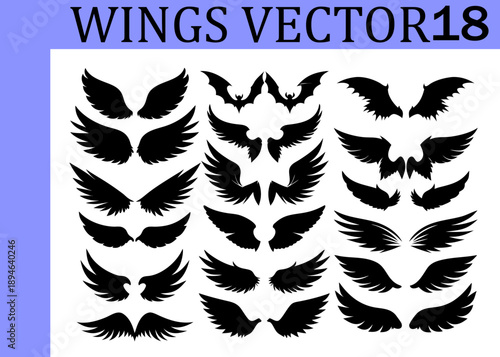 A comprehensive set of black silhouette wing featuring feathered angel wings demonic bat wings and eagle-like bird wings arranged in three columns on a white background with a light blue border