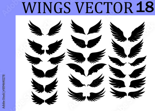 Collection of diverse black silhouette wing in various sizes and styles arranged in three columns on a white background, representing different artistic interpretations of avian appendages and
