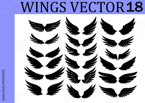 Diverse collection of black silhouette wing featuring a variety of shapes and sizes arranged in three vertical columns on a clean white background, symbolic representations, and artistic projects