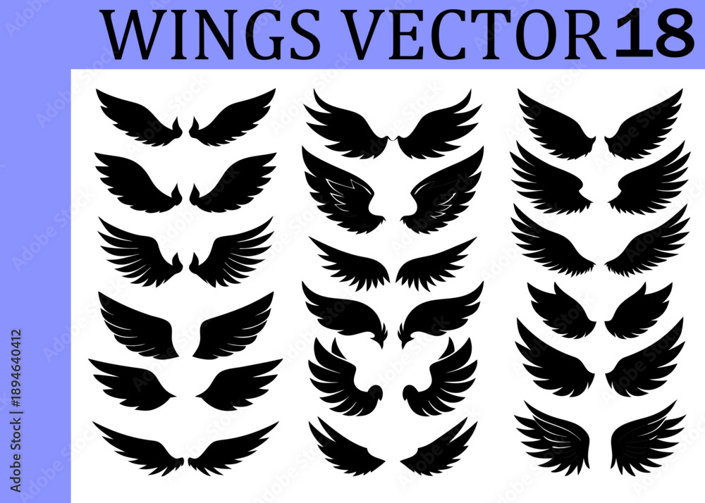 Obraz premium Assortment of black silhouette wing showcasing different feather patterns and shapes arranged in three columns on a white background for Keywords: wings, silhouette, black, set, collection, angel