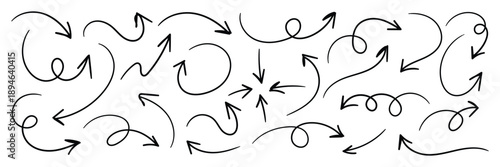 Collection of hand drawn doddle arrow set. Set of brush stroke of curly arrow collection. Sketch curved arrows design.