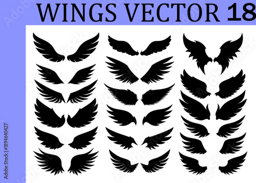 Collection of diverse black silhouette wing in various sizes and styles arranged in three columns on a white background with a light purple border and text at the Keywords: wings, silhouette