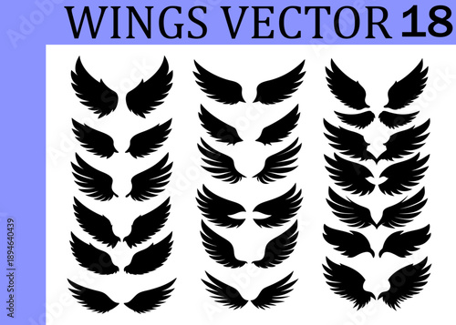 Assortment of black silhouette wing featuring multiple and sizes arranged in three distinct columns against a clean white backdrop with a purple border and text Keywords: wings, silhouette, black