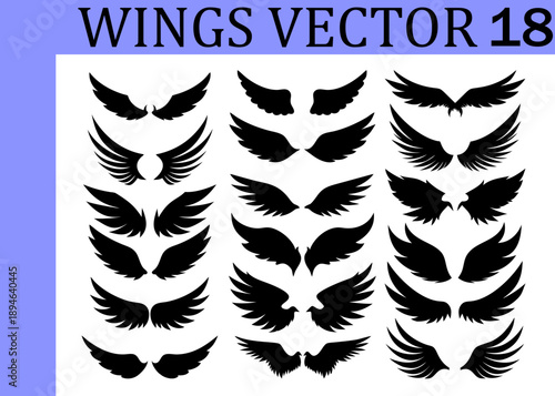 Collection of diverse black silhouette angel and bird wings in multiple styles and sizes arranged in rows and columns on a white background with a light purple border at the left corner featuring