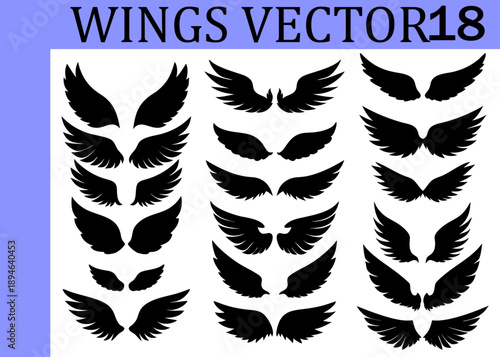 Assortment of black silhouette wing in various styles and sizes presented in three columns on a white background with a purple border and text at the Keywords: wings, silhouette, black