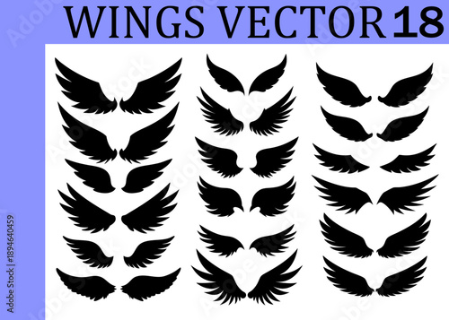 Assortment of black silhouette angel and bird wings showcasing distinct styles and dimensions arranged in three vertical columns on a white background with a purple border and text. Keywords