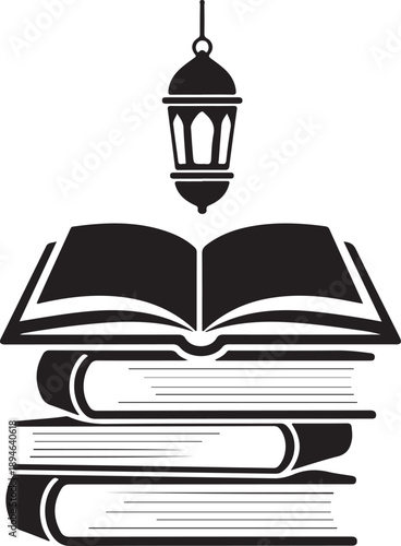 Islamic books stack with traditional lantern silhouette - symbol of knowledge and enlightenment isolated on white background, illustration