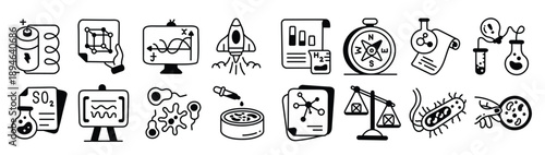set of scientific testing and reporting doodle icons
