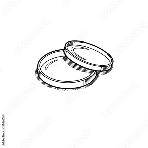 Isometric black and white icon set of stacked and open petri dishes. Professional 3D perspective showing laboratory glassware for microbiology research and bacterial culture storage