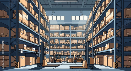 Vast warehouse interior with tall shelves stacked with boxes, forklifts moving goods, a busy distribution center for logistics and storage