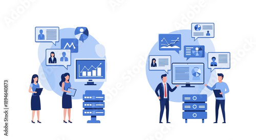 Dynamic illustration of business professionals collaborating on data analysis, information management, and technology systems to drive strategic business intelligence and insights