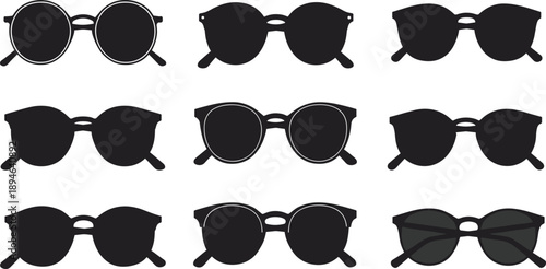 Collection of sunglasses silhouettes and outline icons, stylish eyewear set with round, retro, modern, and classic frames for summer fashion