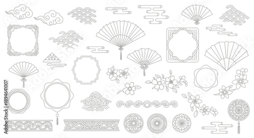 East Asian Outline Art, Hand Fan, Frame, Cloud, Wave, Floral Branch & Geometric Motif Set for Traditional Cultural Design
