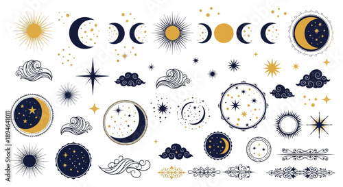 Celestial Navy & Gold Cosmic Icon Set: Sun, Moon Phases, Stars, Clouds, Waves & Ornate Borders, Mystical Esoteric Design Elements, Astrological Vector Collection
