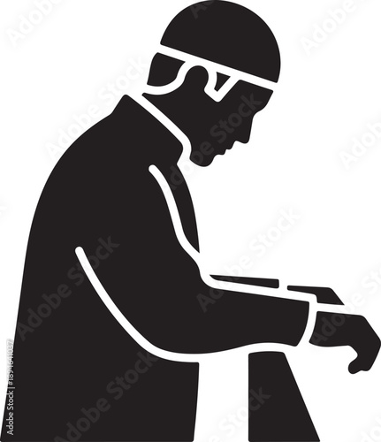 Muslim man praying icon: silhouette in ruku posture for islamic worship and spirituality isolated on white background, illustration