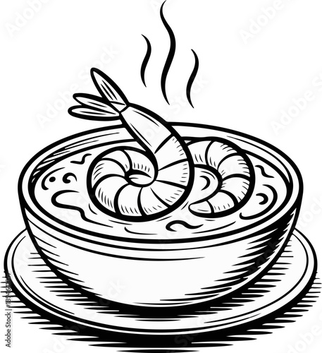 Prawn Masala Sketch Vector Illustration of Spicy Shrimp Curry in Bowl with Steam