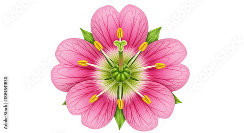 Beautiful pink flower with green center and yellow stamens isolated on transparent background illustration transparent background