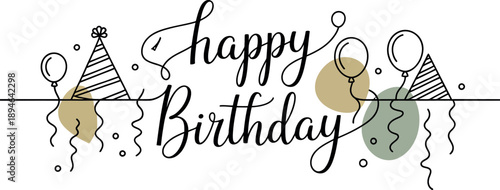 A festive happy birthday sign with balloons and party hats on a white background