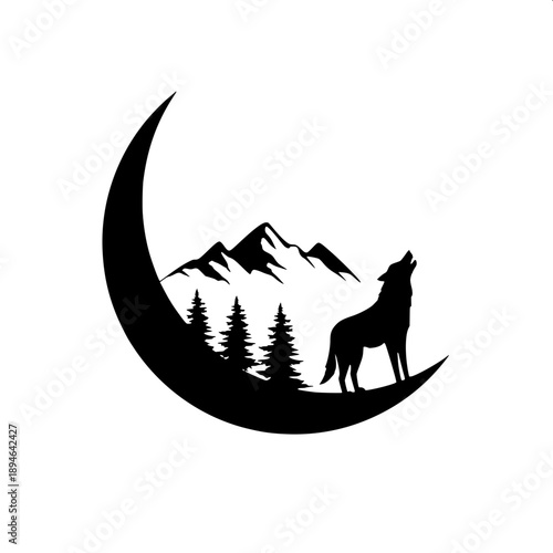 Howling wolf logo, solid black vector art, smooth curves, isolated on white background