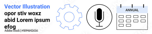 Productivity, scheduling, workflow management, audio recording, annual events, planning. Minimalist calendar, microphone gear icons. Productivity and scheduling concepts showcased through symbolic s