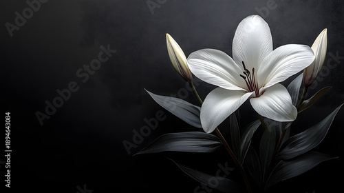 White lily with buds on dark background from a close-up view showcasing details of petals and leaves